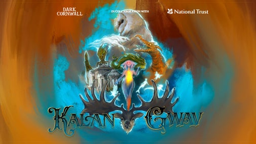 An illustration that shows some of the characters who'll be at this year's Kalan Gwav event including a dragon, Owlman, and sea fae.